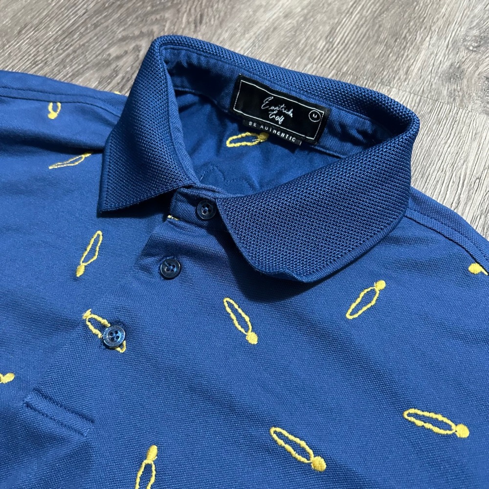 Eastside Golf‎ Polo Shirt Size Medium Blue Yellow Chain Link All Over Print